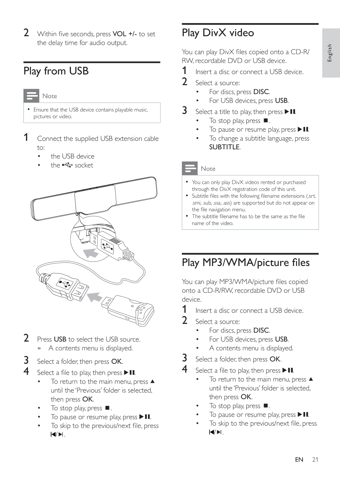 Philips HSB4352/12 user manual Play from USB, Play DivX video, Play MP3/WMA/picture ﬁ les 