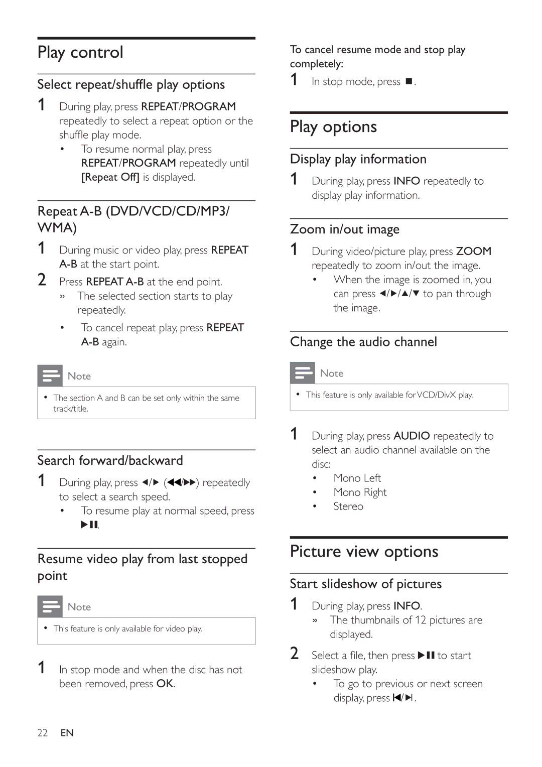 Philips HSB4352/12 user manual Play control, Play options, Picture view options 