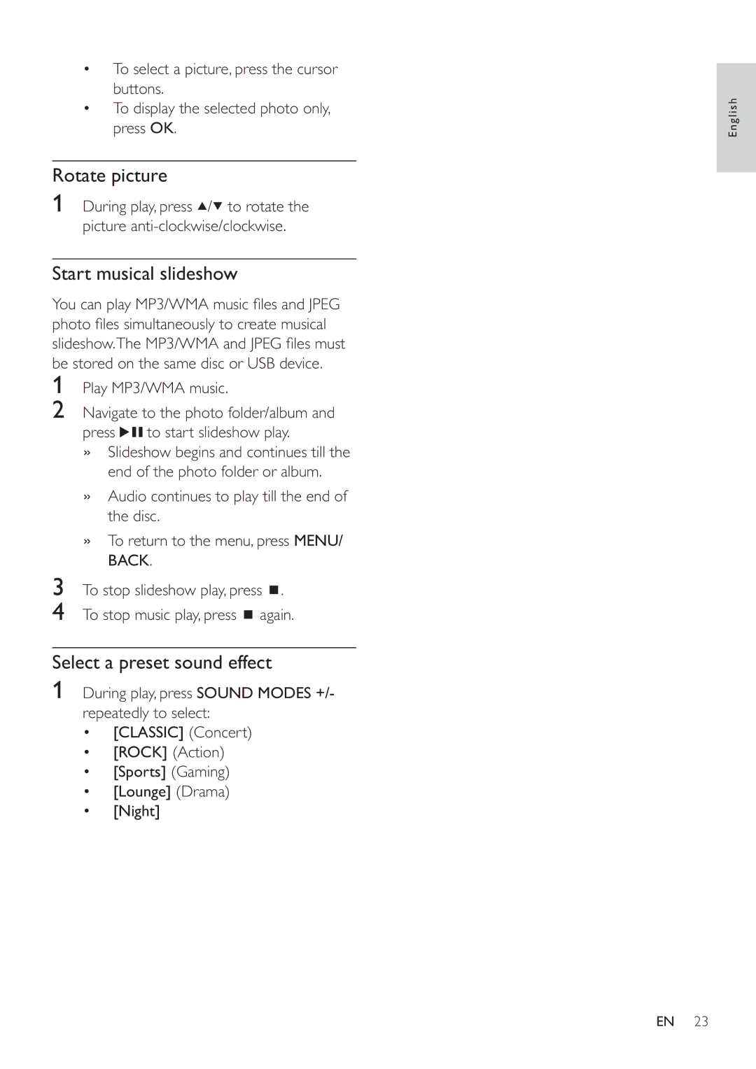 Philips HSB4352/12 user manual Rotate picture, Start musical slideshow, Select a preset sound effect 