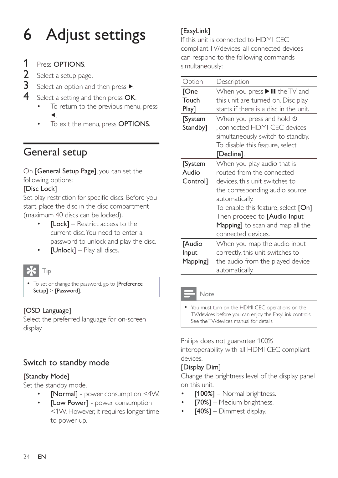 Philips HSB4352/12 user manual Adjust settings, General setup, Switch to standby mode 