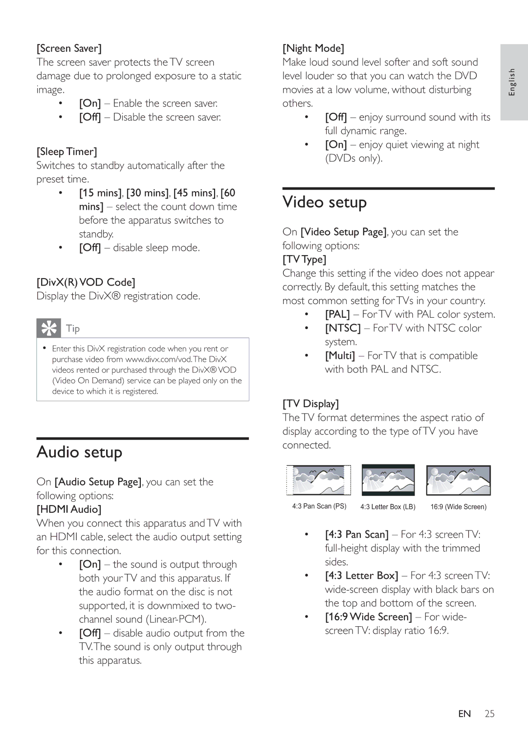 Philips HSB4352/12 user manual Audio setup, Video setup 