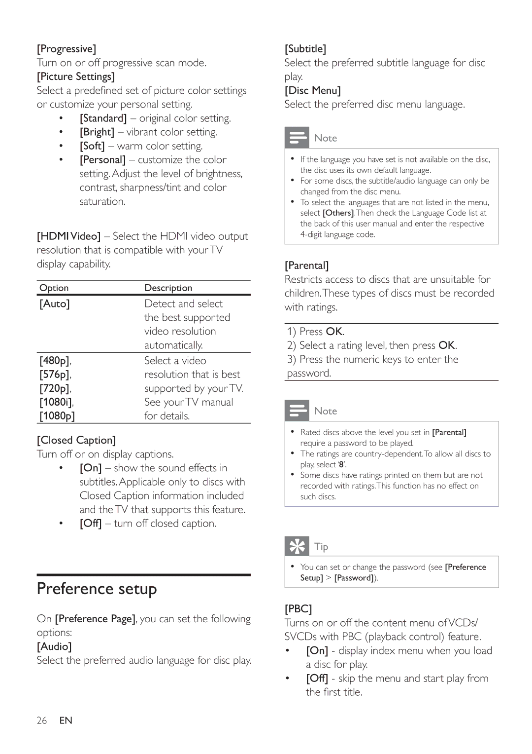 Philips HSB4352/12 user manual Preference setup, Pbc 