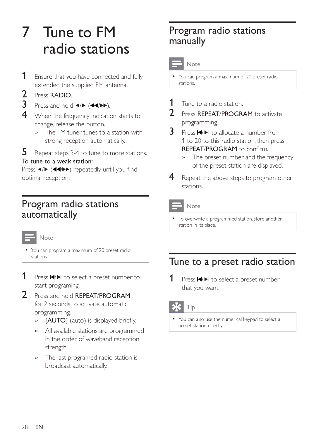 Philips HSB4352 Program radio stations automatically, Program radio stations manually, Tune to a preset radio station 