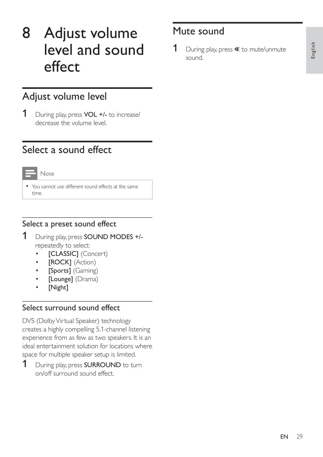 Philips HSB4352/12 Adjust volume level and sound effect, Select a sound effect, Mute sound, Select surround sound effect 