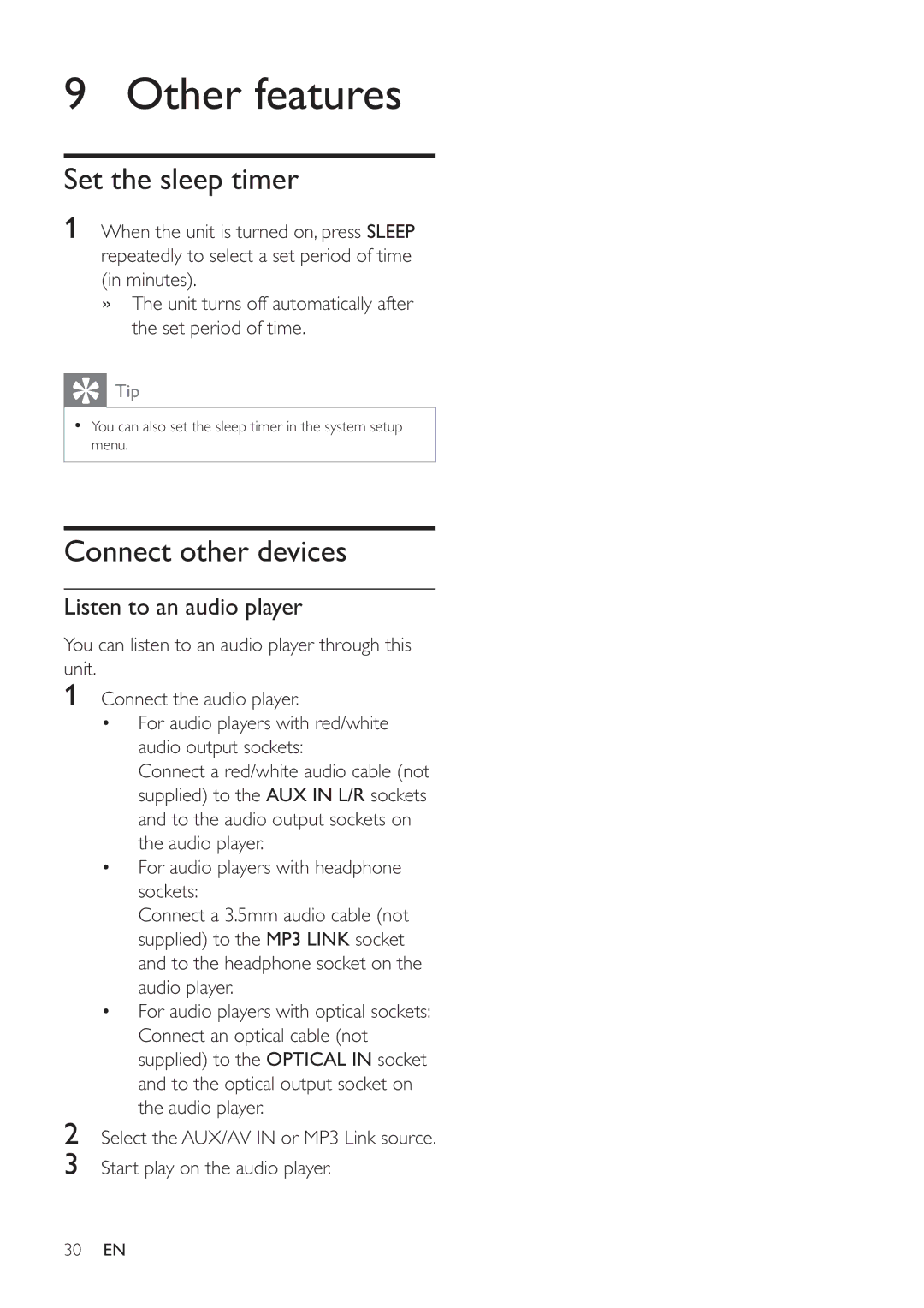 Philips HSB4352/12 user manual Other features, Set the sleep timer, Connect other devices, Listen to an audio player 