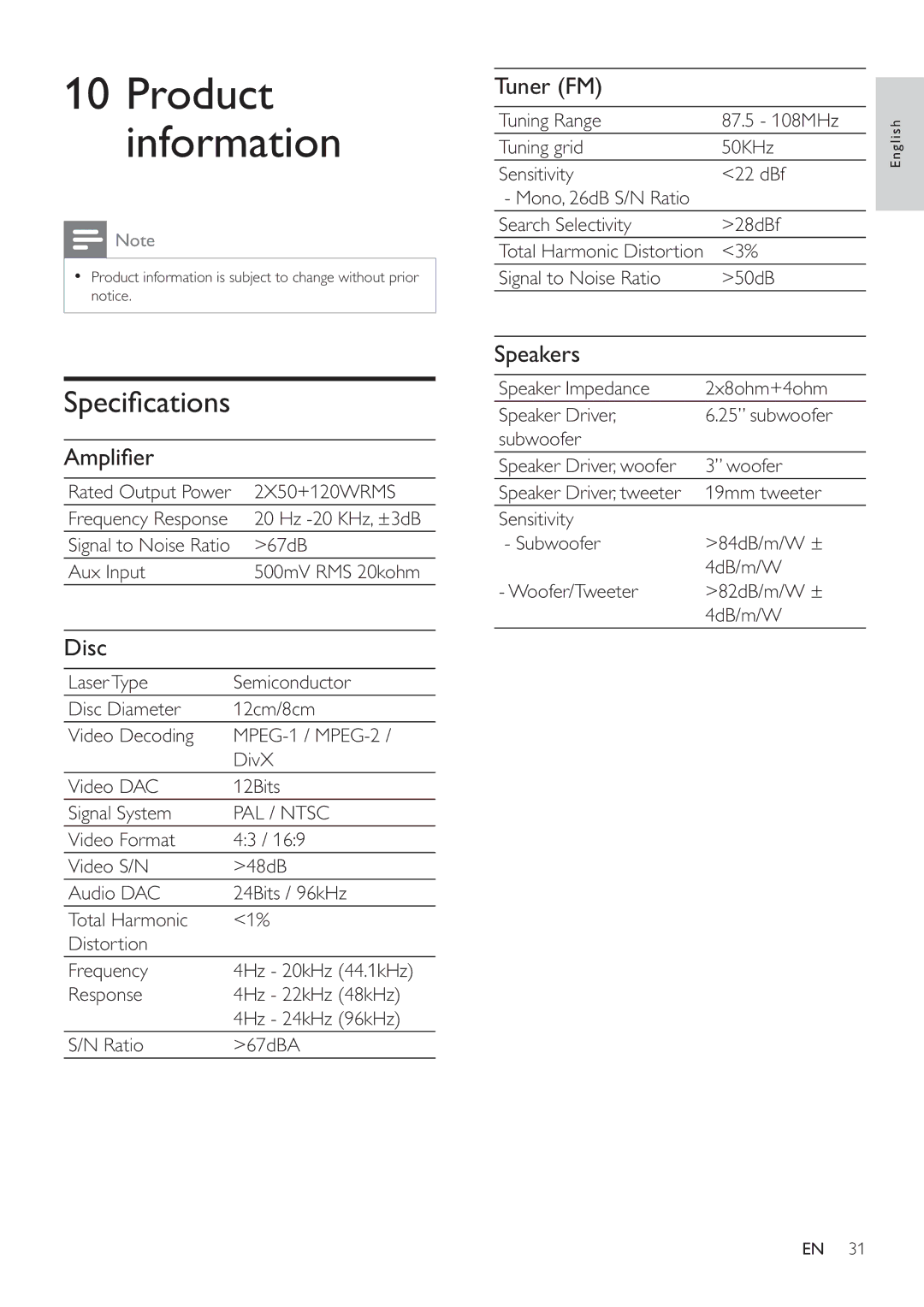 Philips HSB4352/12 user manual Speciﬁ cations, Ampliﬁ er, Disc, Tuner FM, Speakers 