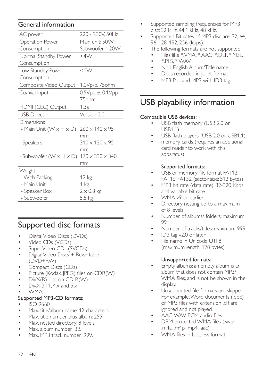 Philips HSB4352/12 user manual Supported disc formats, USB playability information, General information 