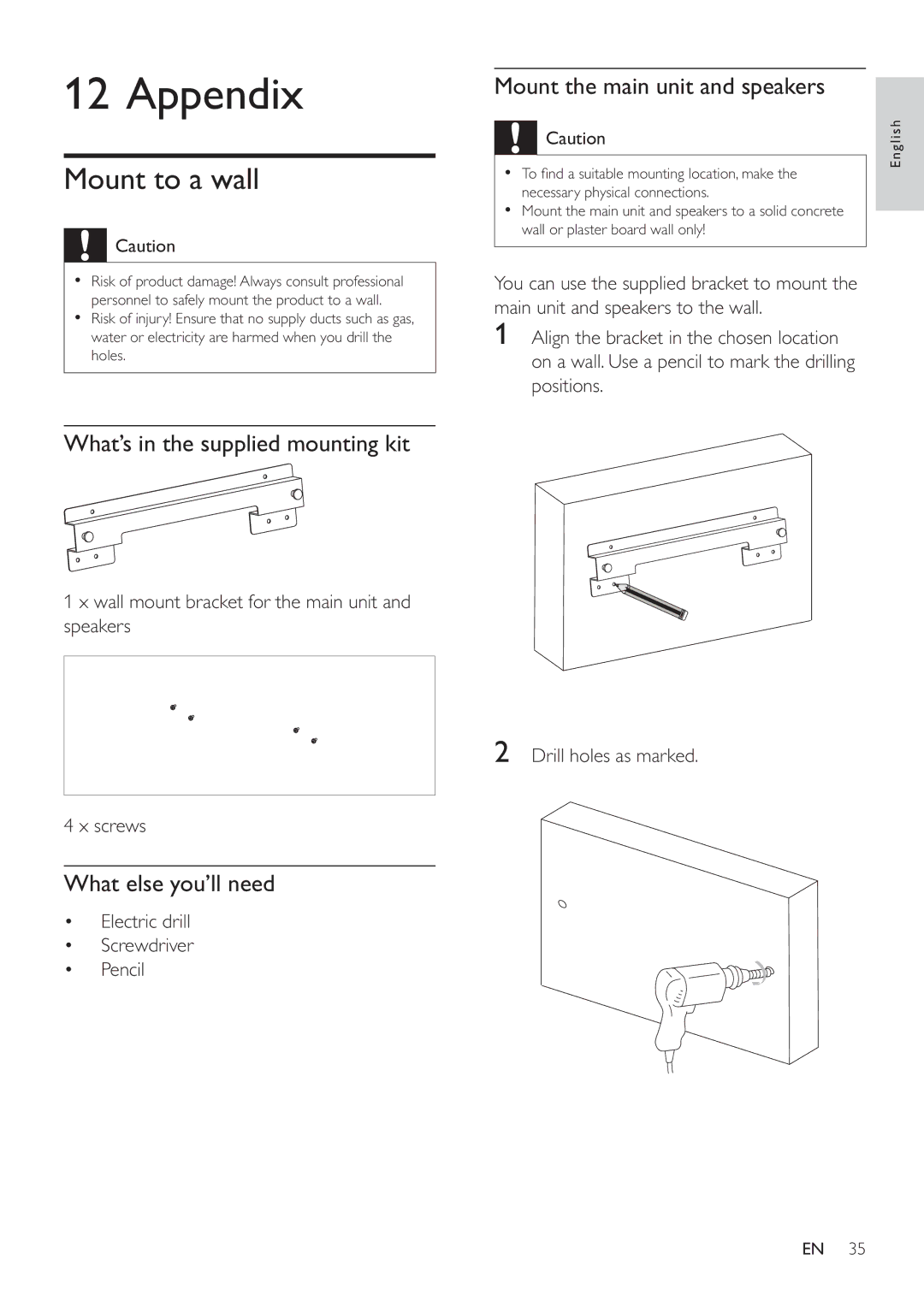 Philips HSB4352/12 user manual Appendix, Mount to a wall, What’s in the supplied mounting kit, What else you’ll need 