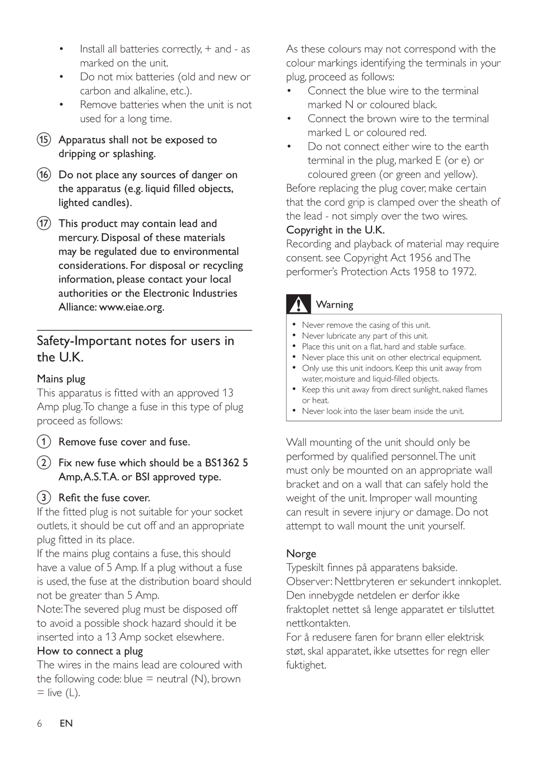 Philips HSB4352/12 user manual Safety-Important notes for users in the U.K 