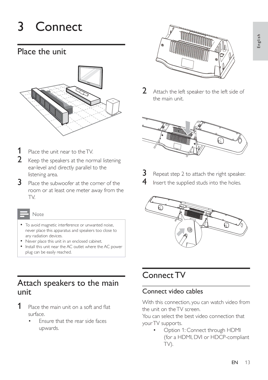 Philips HSB4383/12 user manual Place the unit, Attach speakers to the main unit, Connect TV, Connect video cables 