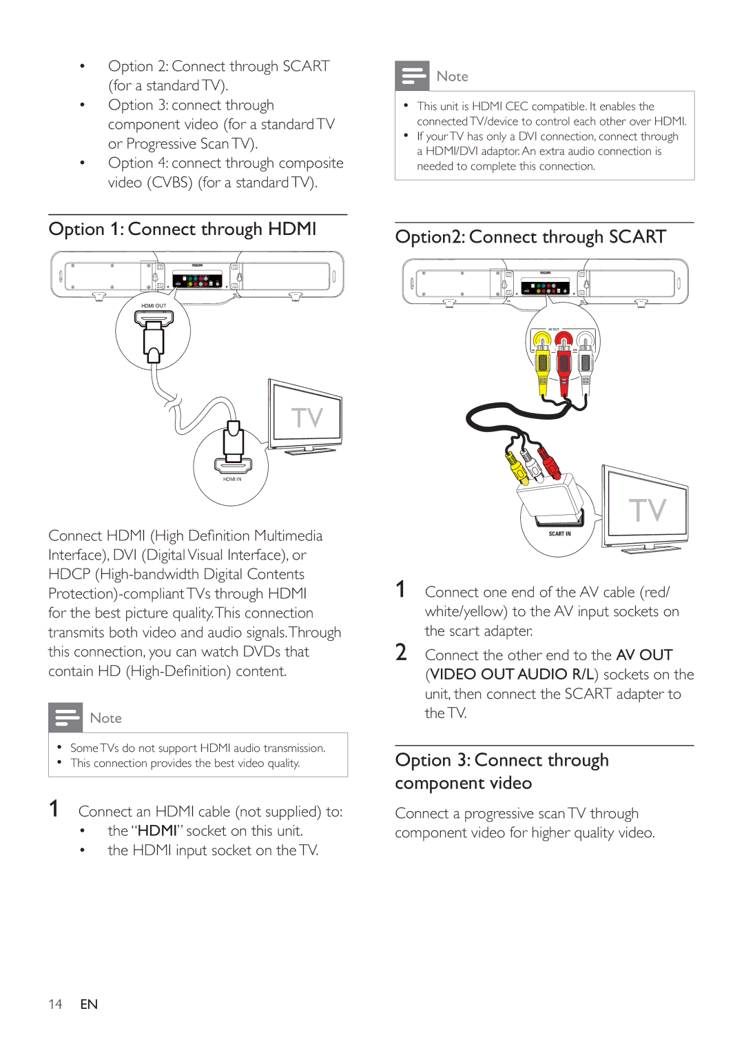 Philips HSB4383/12 user manual Option 1 Connect through Hdmi, Option 3 Connect through component video 