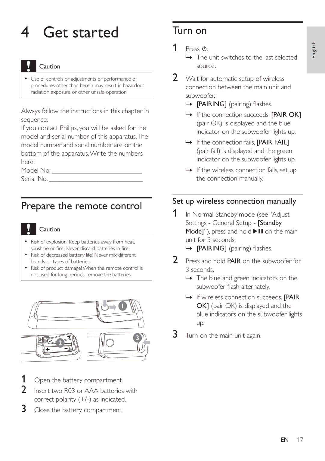 Philips HSB4383/12 user manual Get started, Turn on, Prepare the remote control, Set up wireless connection manually 