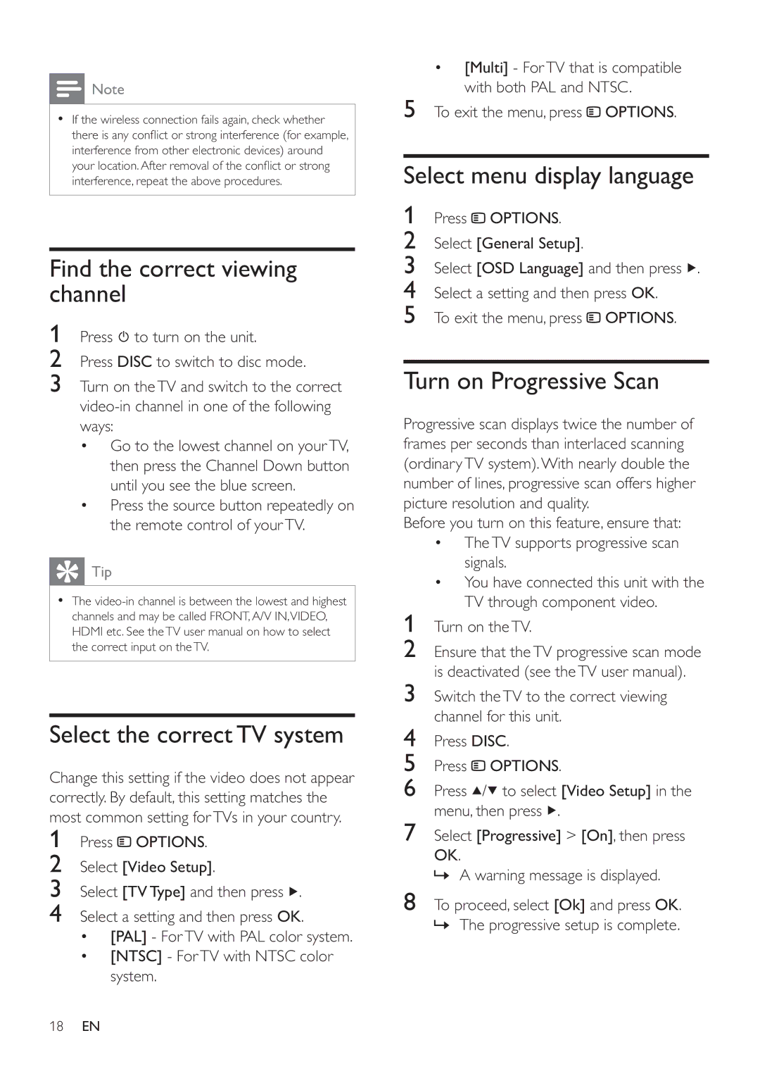 Philips HSB4383/12 user manual Find the correct viewing channel, Select the correct TV system, Select menu display language 