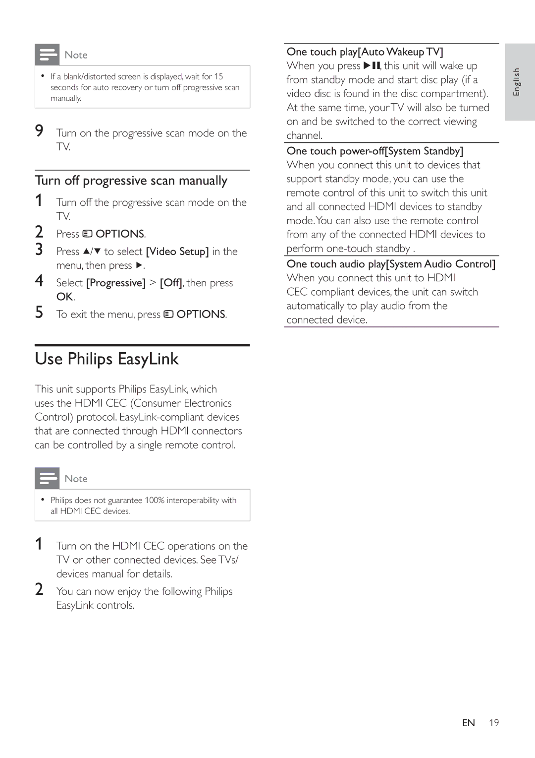 Philips HSB4383/12 user manual Use Philips EasyLink, Turn off progressive scan manually 