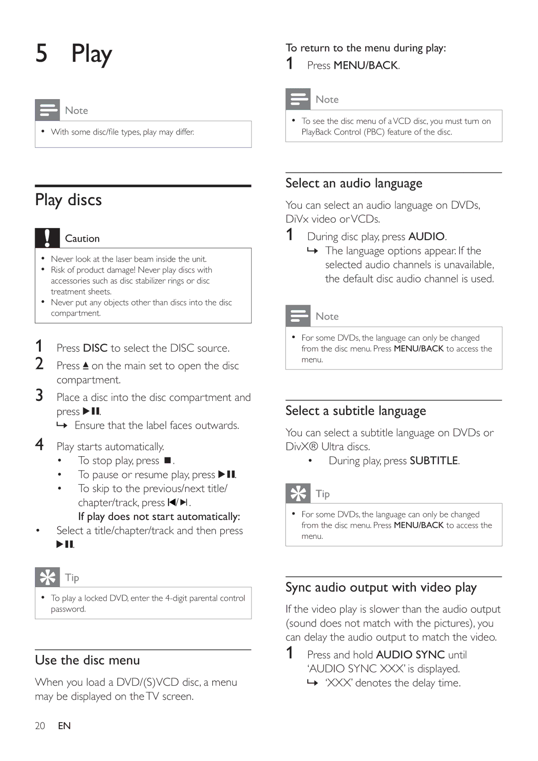 Philips HSB4383/12 user manual Play discs 