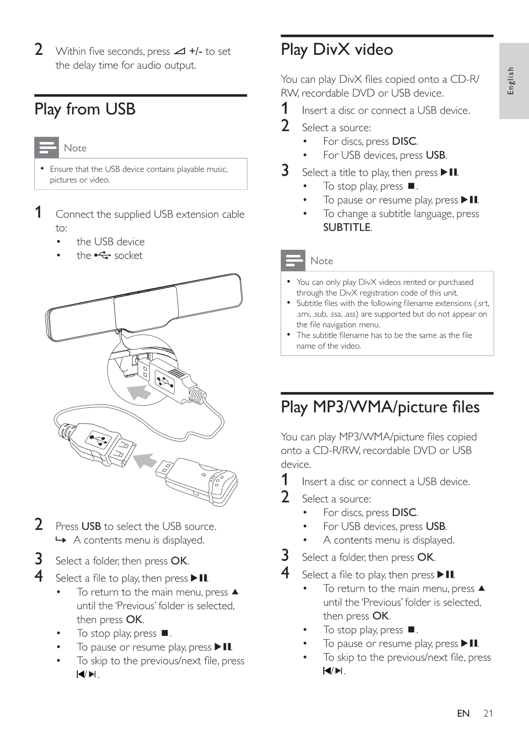 Philips HSB4383/12 user manual Play from USB, Play DivX video, Play MP3/WMA/picture ﬁ les 