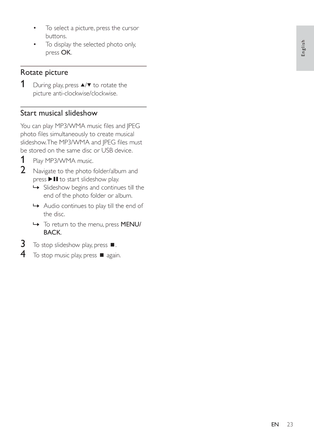 Philips HSB4383/12 user manual Rotate picture, Start musical slideshow 