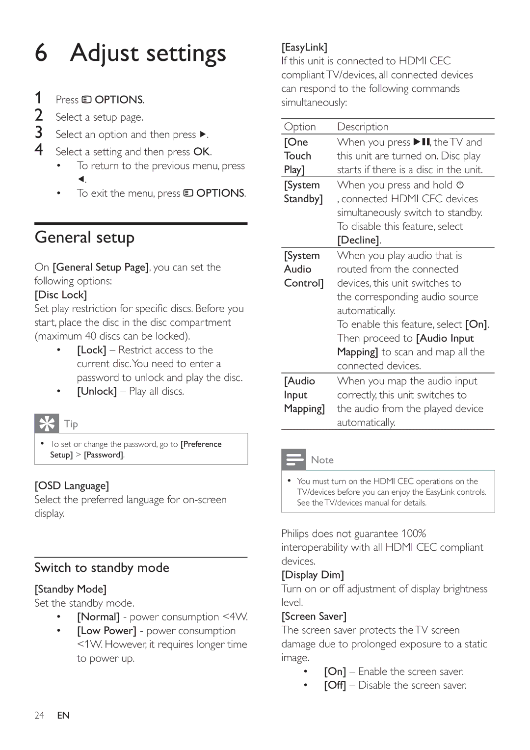 Philips HSB4383/12 user manual Adjust settings, General setup, Switch to standby mode 