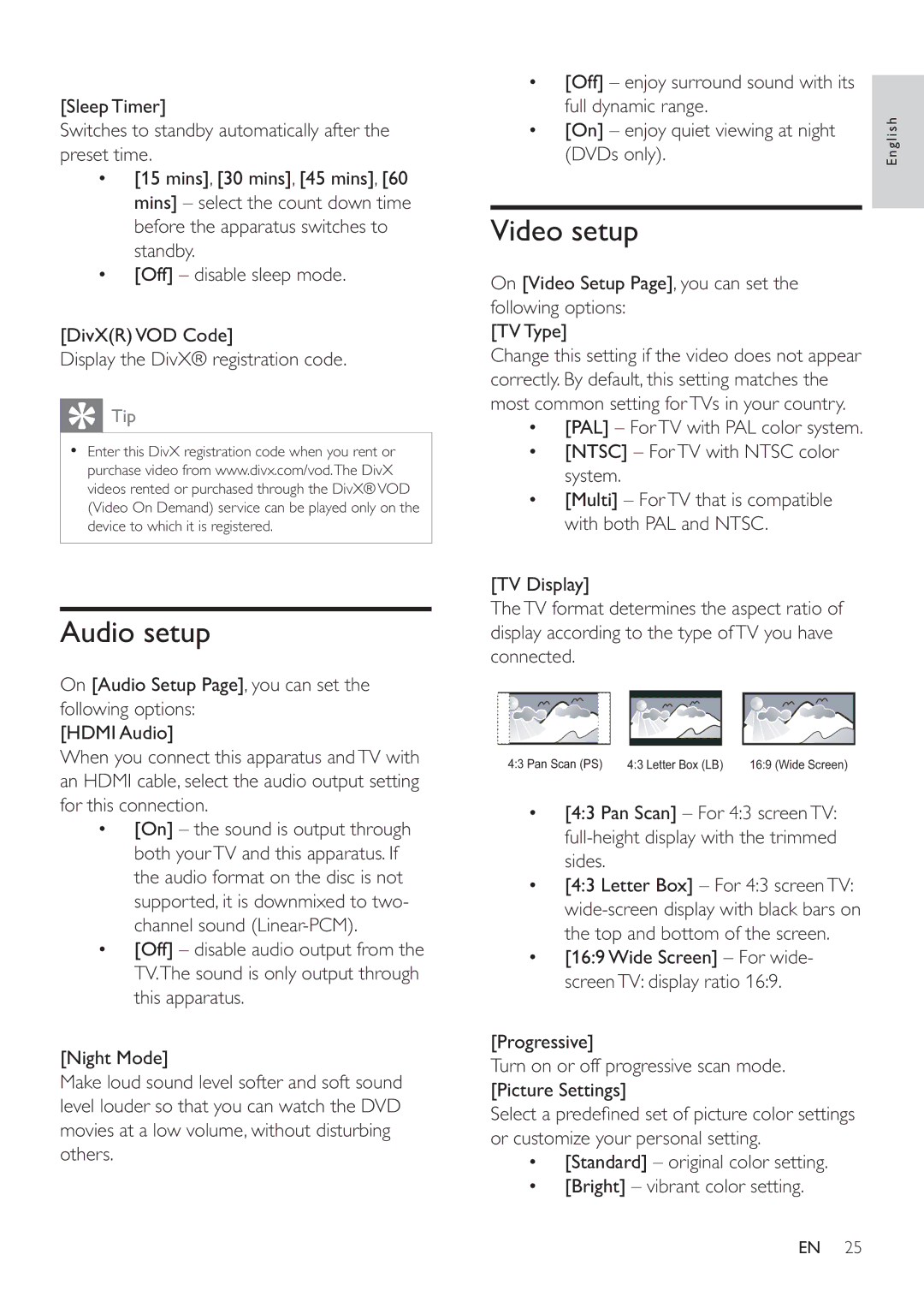 Philips HSB4383/12 user manual Audio setup, Video setup 