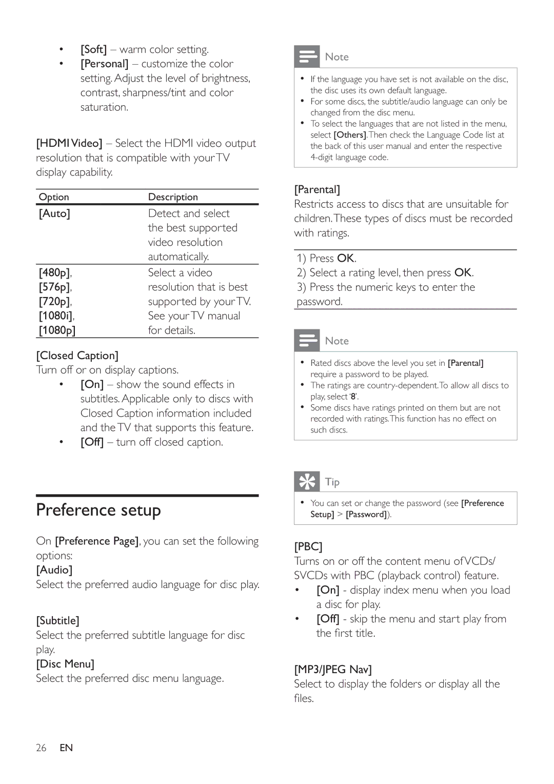 Philips HSB4383/12 user manual Preference setup, Soft warm color setting 