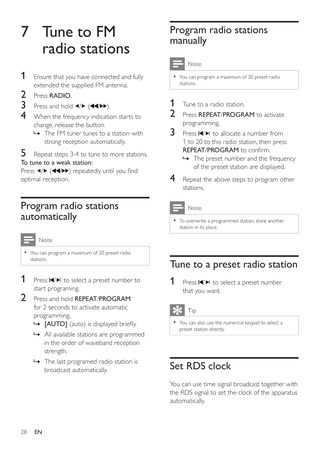 Philips HSB4383/12 Program radio stations automatically, Program radio stations manually, Tune to a preset radio station 