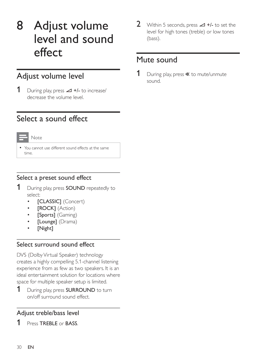 Philips HSB4383/12 user manual Adjust volume level and sound effect, Select a sound effect, Mute sound 