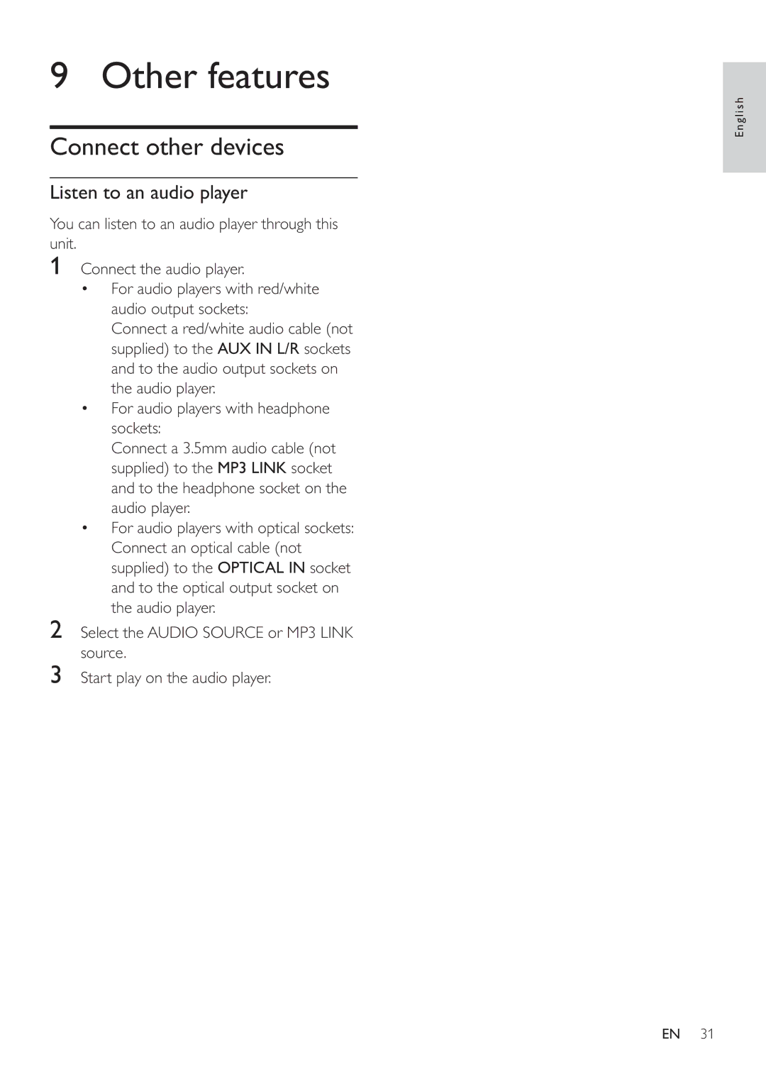 Philips HSB4383/12 user manual Other features, Connect other devices, Listen to an audio player 