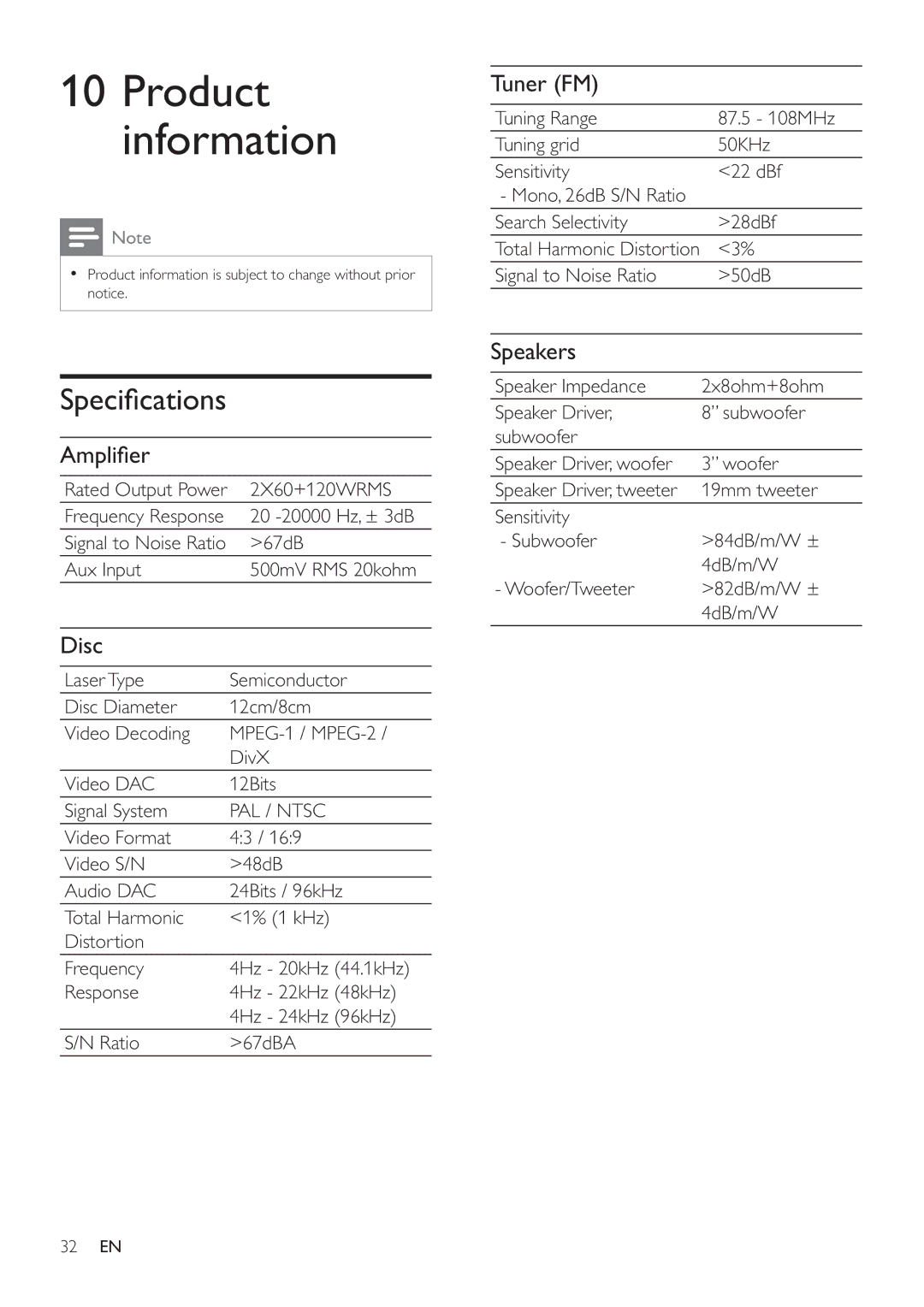 Philips HSB4383/12 user manual Speciﬁ cations, Ampliﬁ er, Disc, Tuner FM, Speakers 