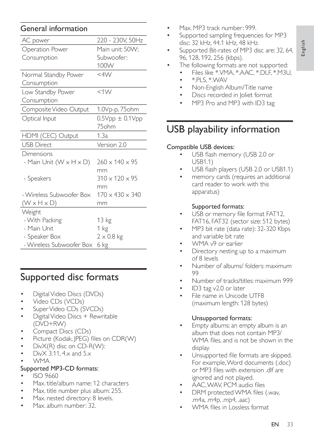 Philips HSB4383/12 user manual Supported disc formats, USB playability information, General information 