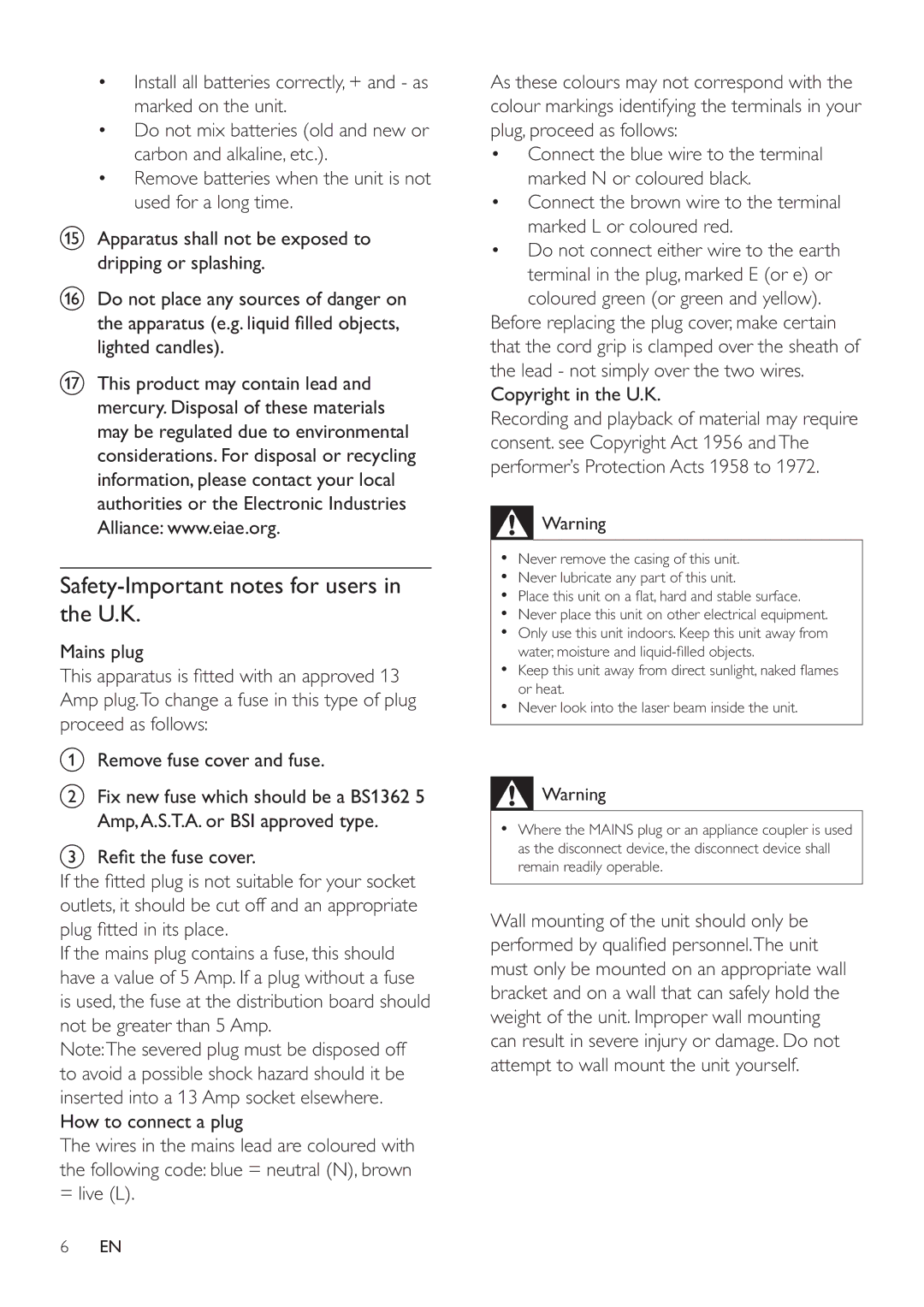 Philips HSB4383/12 user manual Safety-Important notes for users in the U.K 