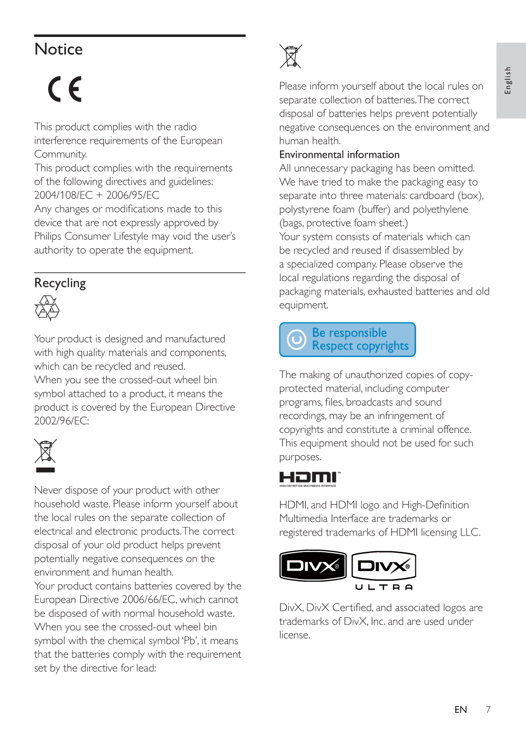 Philips HSB4383/12 user manual Recycling 