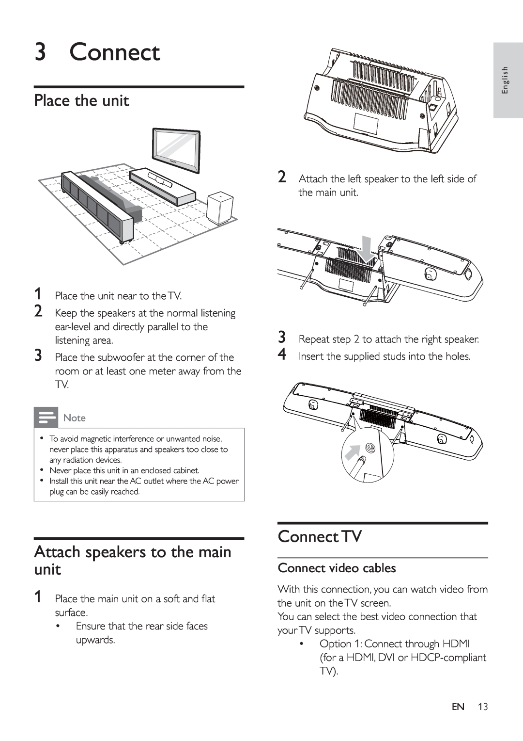 Philips HSB4383/12 user manual Place the unit, Attach speakers to the main unit, Connect TV, Connect video cables 