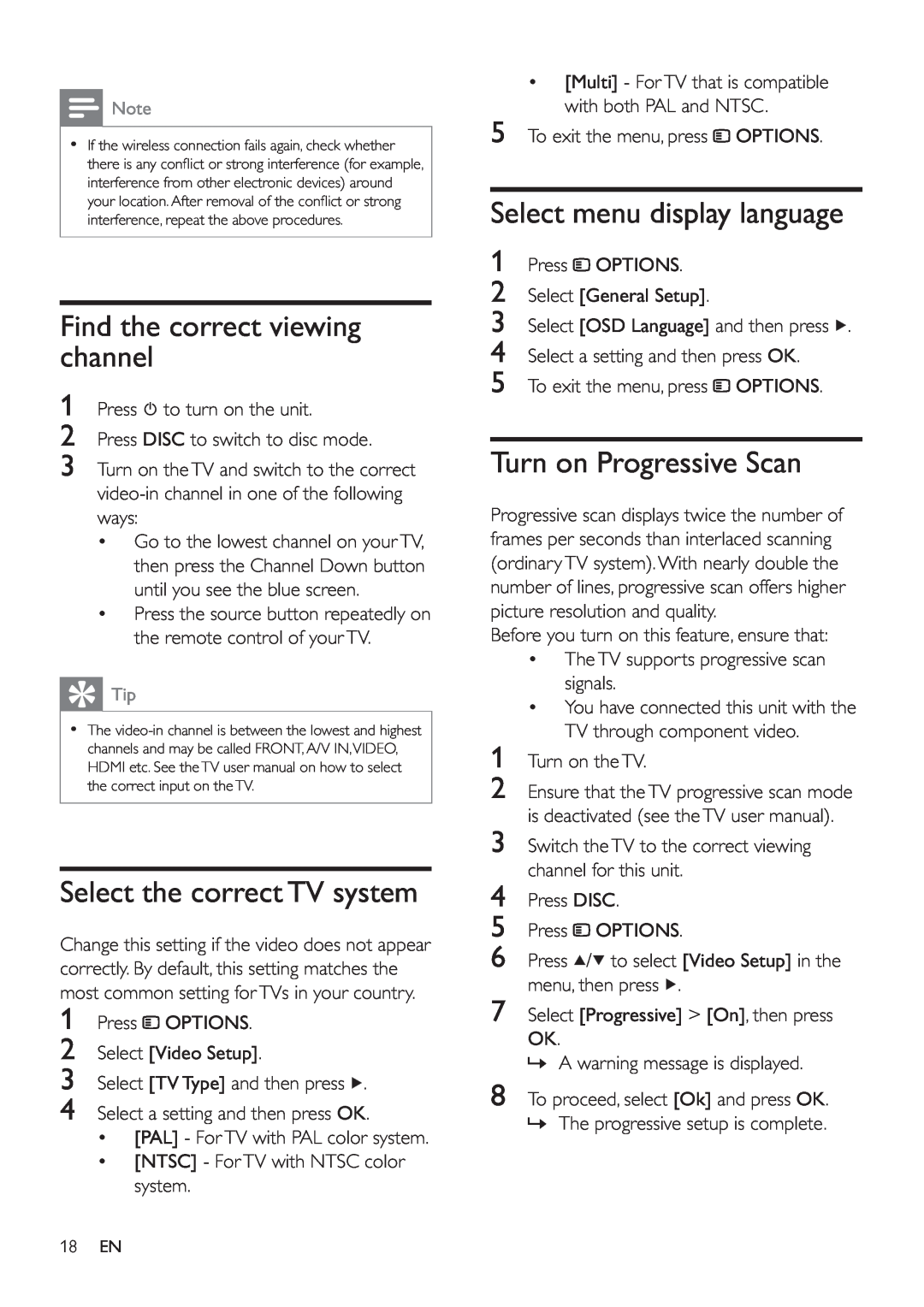 Philips HSB4383/12 user manual Find the correct viewing channel, Select the correct TV system, Select menu display language 