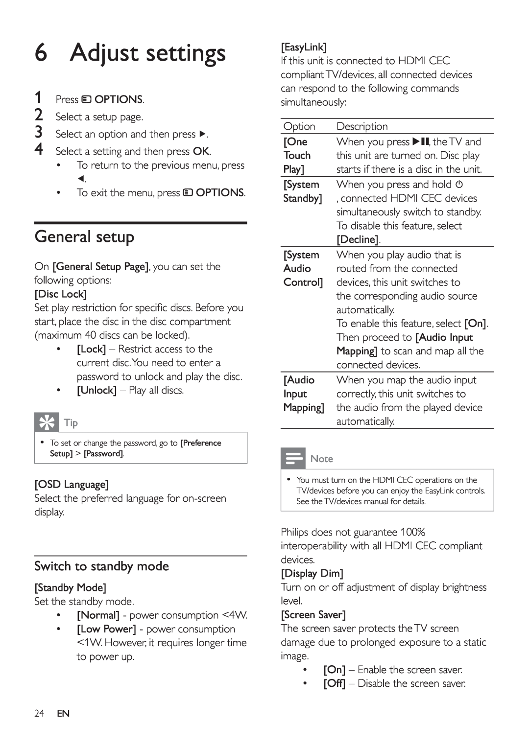 Philips HSB4383/12 user manual Adjust settings, General setup, Switch to standby mode 