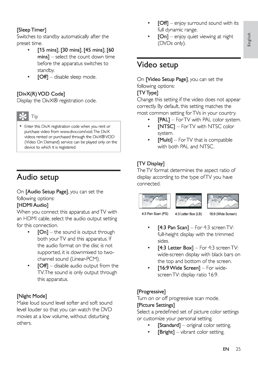 Philips HSB4383/12 user manual Audio setup, Video setup 