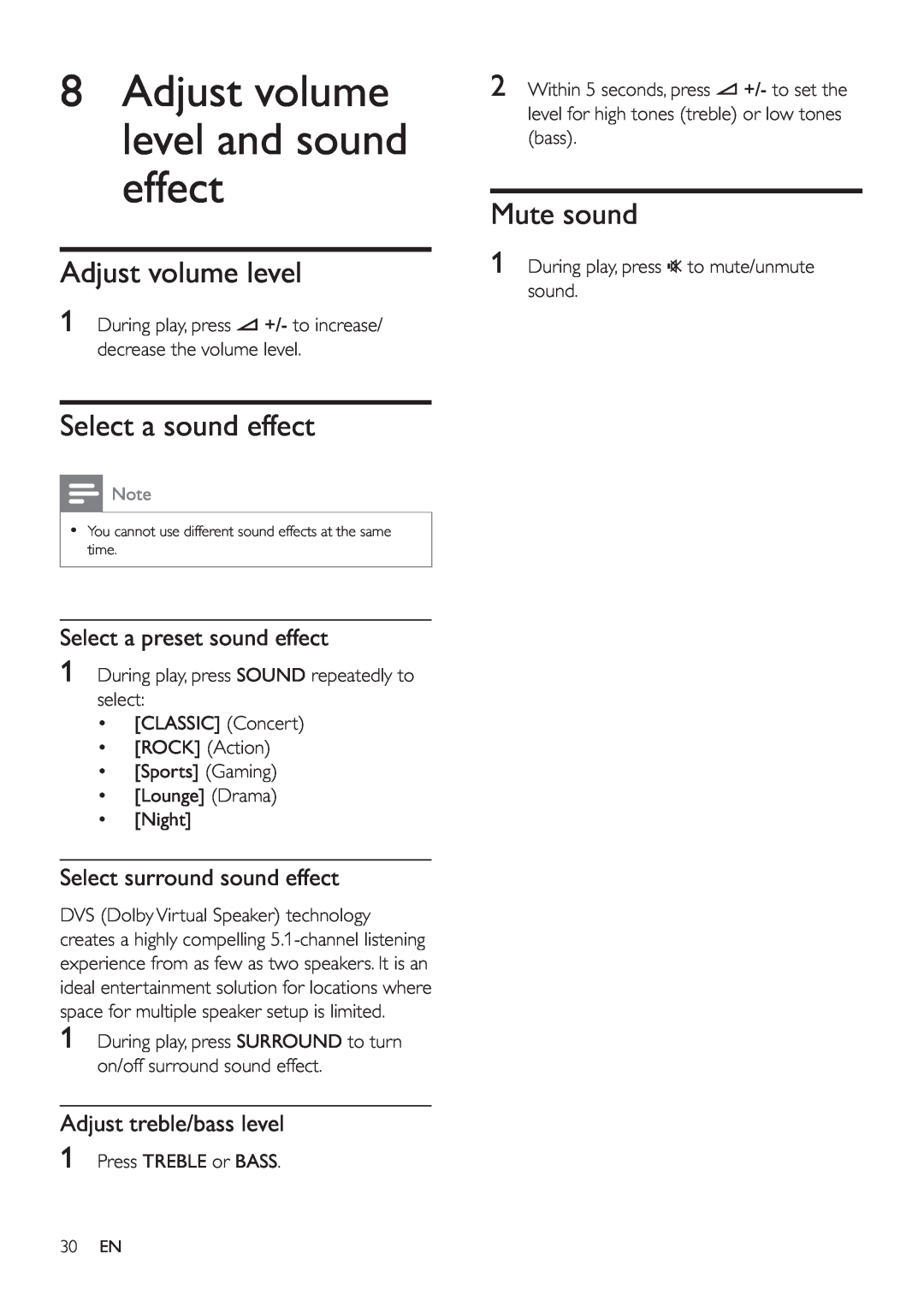 Philips HSB4383/12 8Adjust volume level and sound effect, Select a sound effect, Mute sound, Select a preset sound effect 