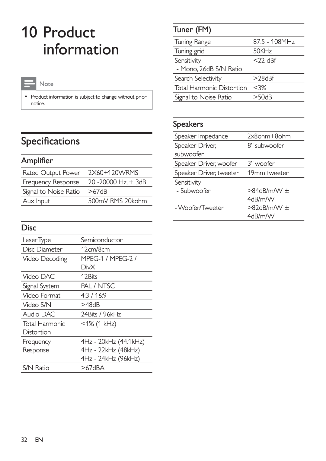 Philips HSB4383/12 user manual 10Product information, Speciﬁ cations, Ampliﬁ er, Disc, Tuner FM, Speakers 