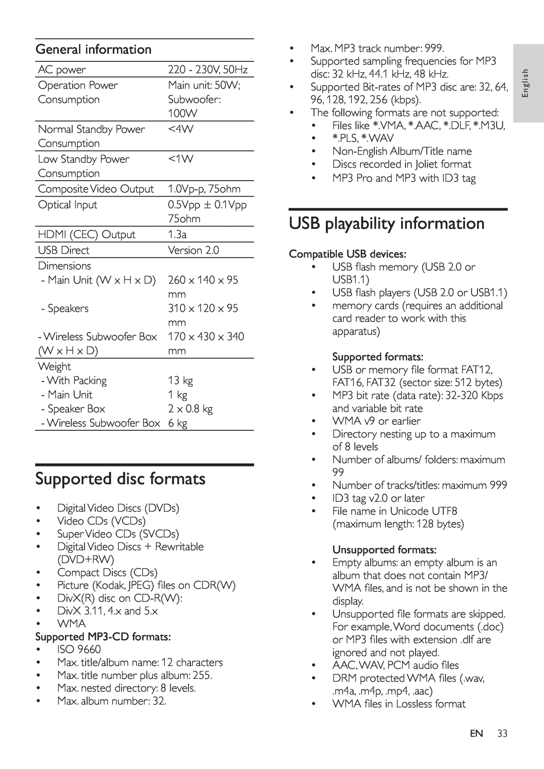 Philips HSB4383/12 user manual Supported disc formats, USB playability information, General information 