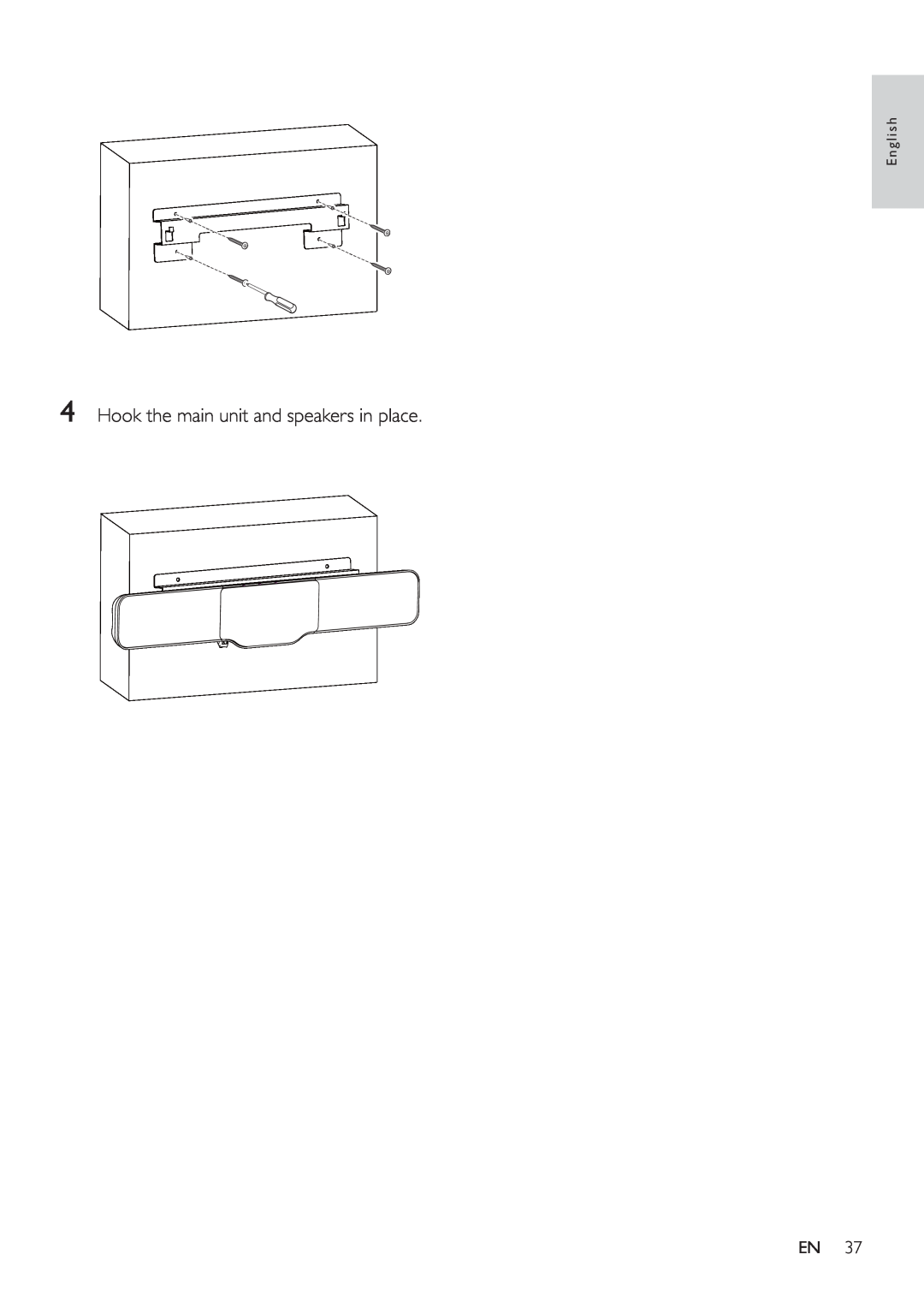 Philips HSB4383/12 user manual 4Hook the main unit and speakers in place, English 