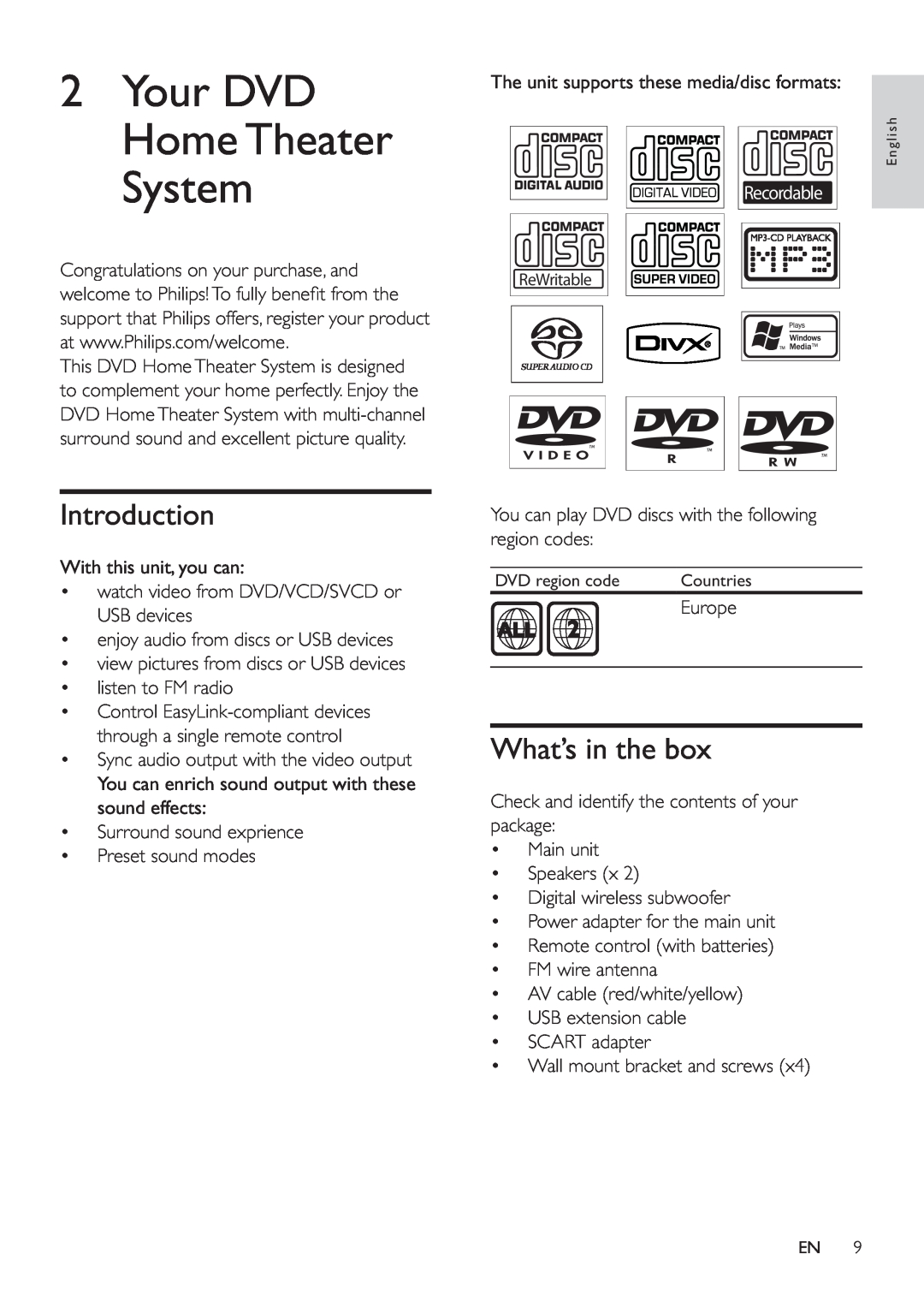 Philips HSB4383/12 user manual 2Your DVD Home Theater System, Introduction, What’s in the box, Recordable 