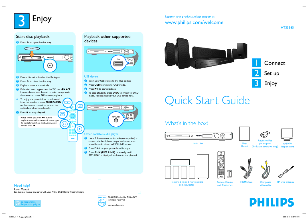 Philips HT53365 quick start Enjoy, HTS3365, Need help? 