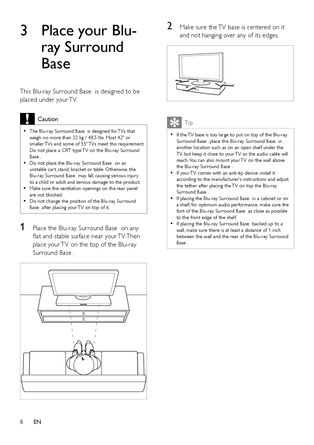 Philips HTB3525B user manual Place your Blu- ray Surround Base 