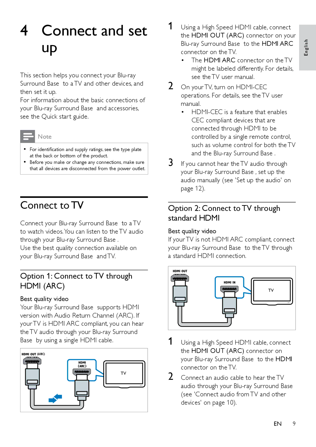 Philips HTB3525B user manual Connect and set up, Option 1 Connect to TV through Hdmi ARC, Best quality video 