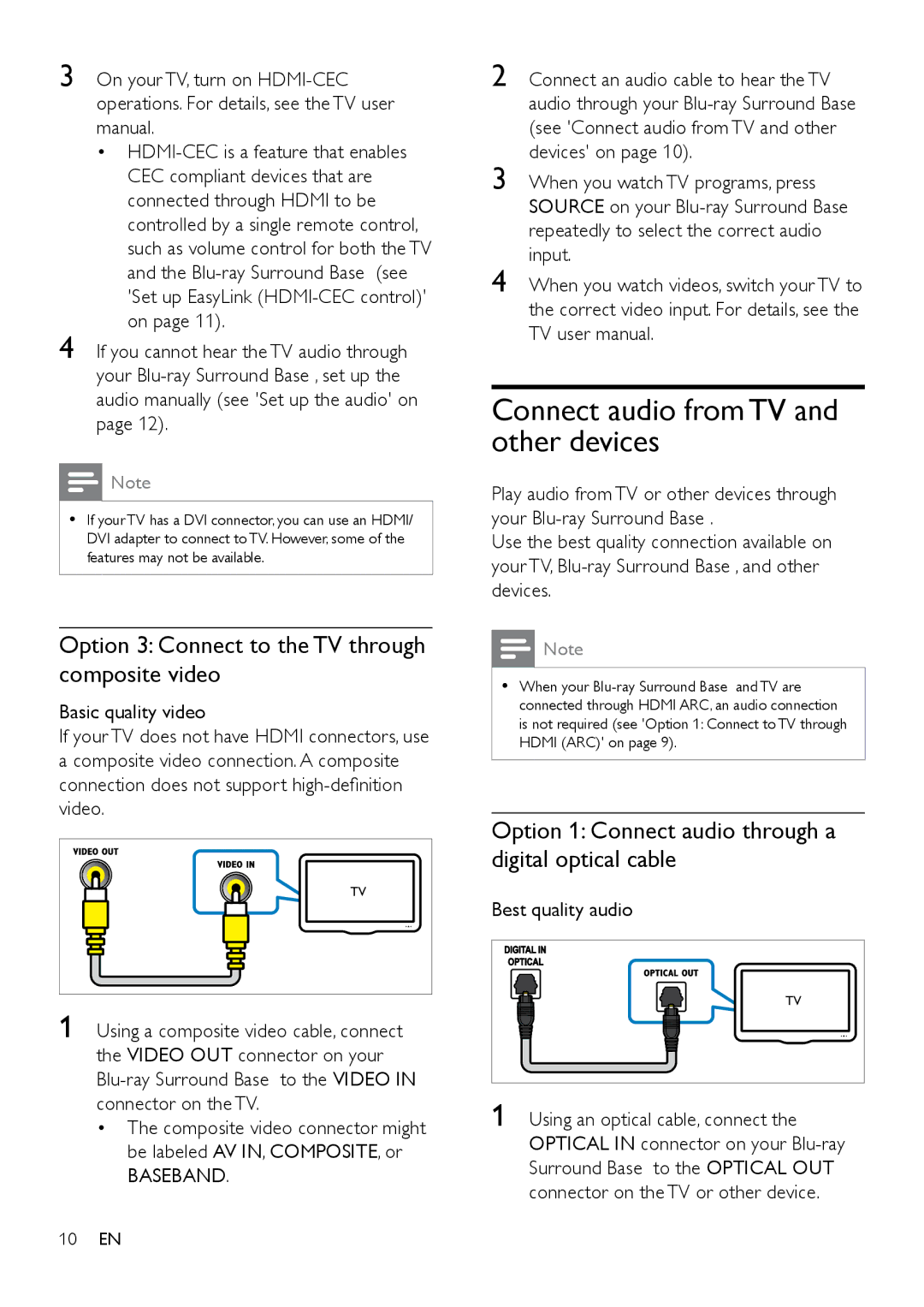 Philips HTB3525B Connect audio from TV and other devices, Option 3 Connect to the TV through composite video, Baseband 