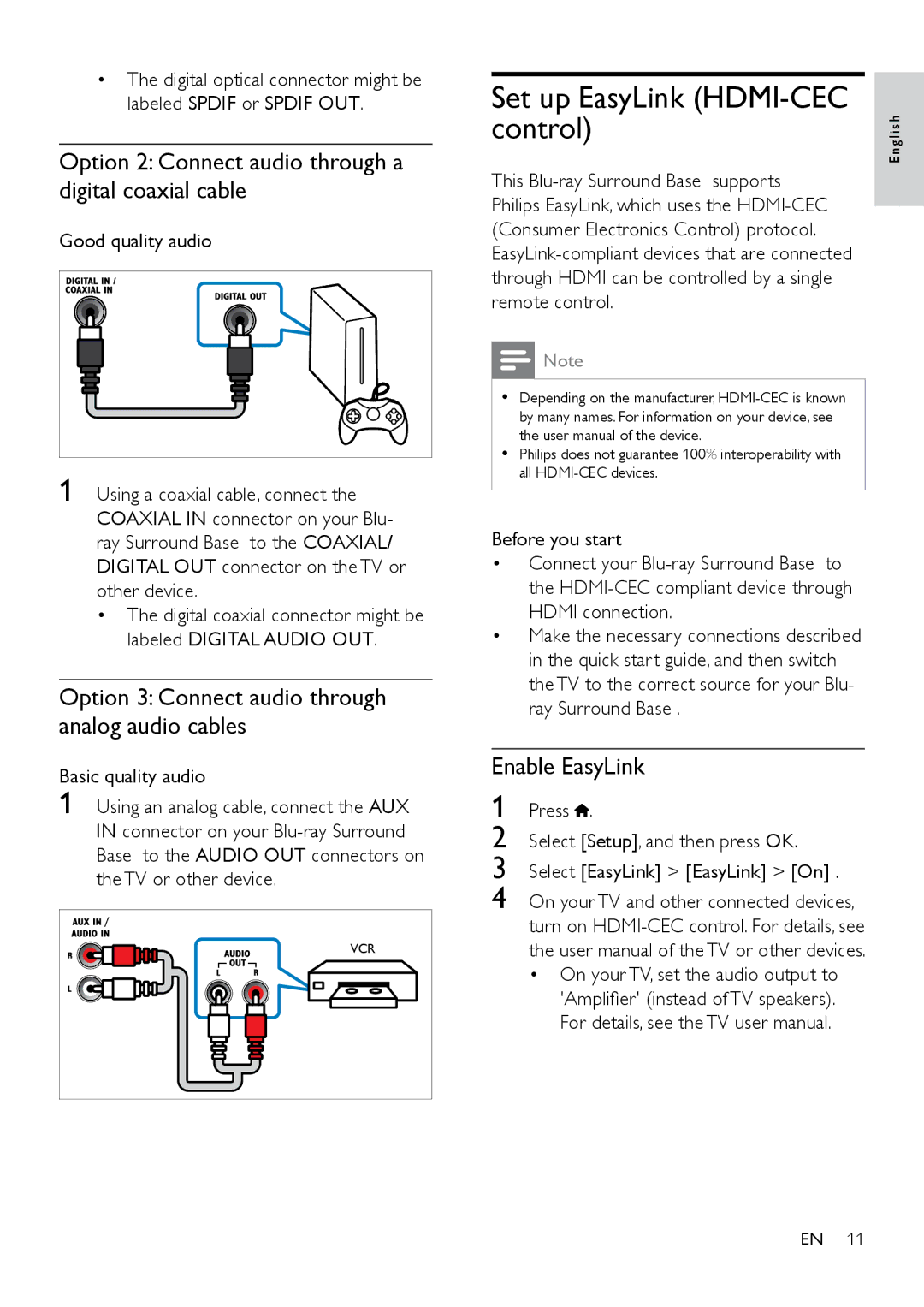 Philips HTB3525B user manual Control, Option 2 Connect audio through a digital coaxial cable, Enable EasyLink 