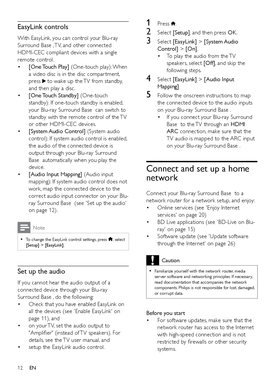 Philips HTB3525B user manual Connect and set up a home network, EasyLink controls, Set up the audio 