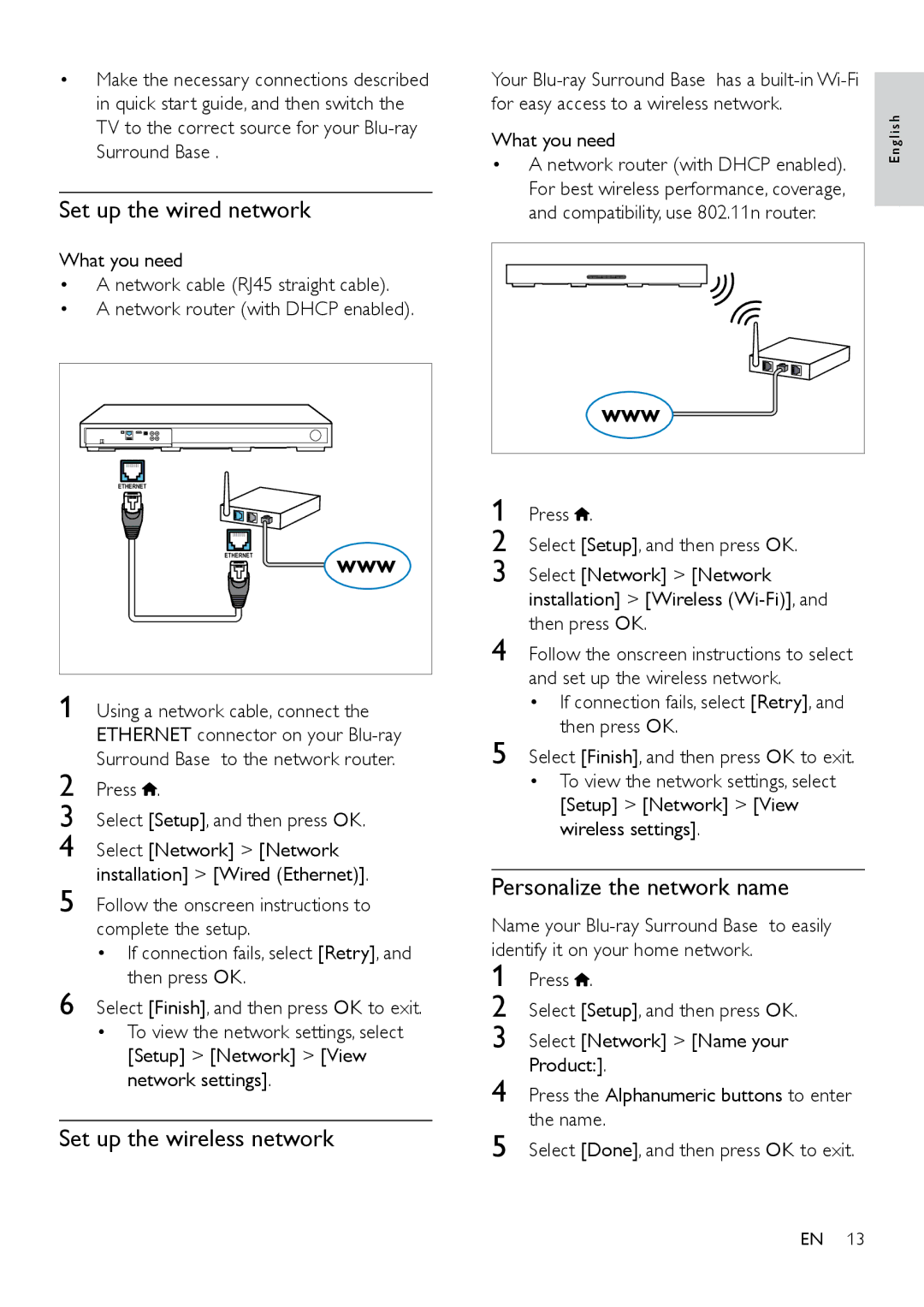 Philips HTB3525B user manual Set up the wired network, Set up the wireless network, Personalize the network name 