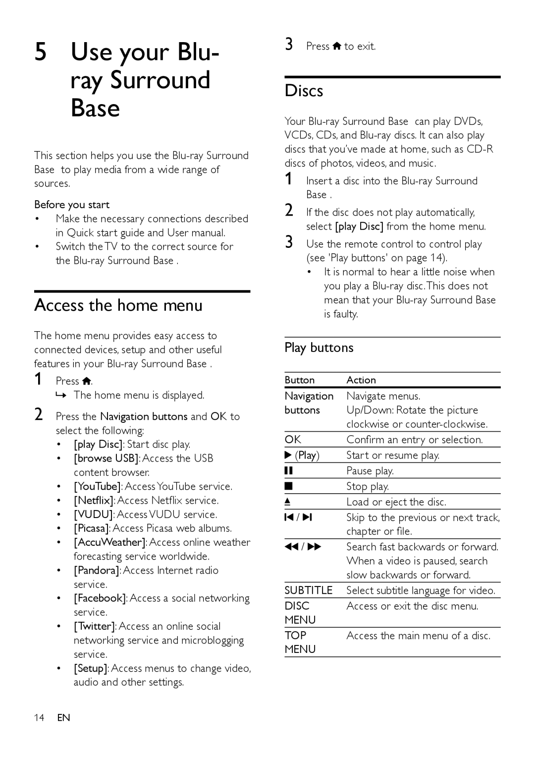 Philips HTB3525B user manual Access the home menu, Discs, Play buttons, Menu 
