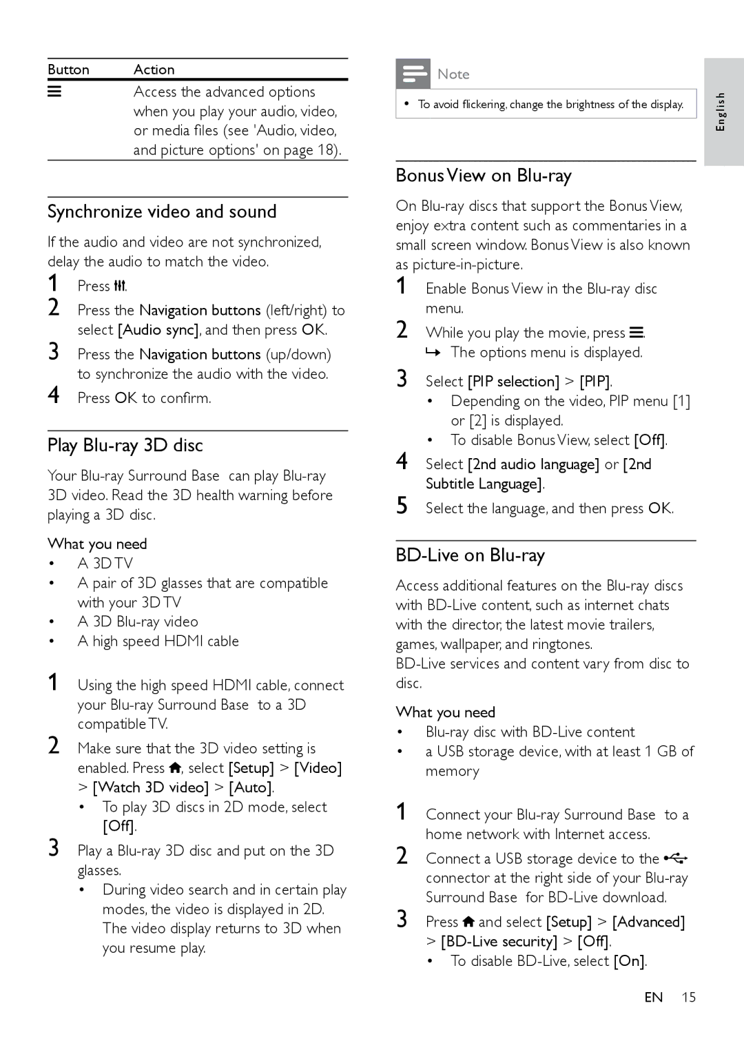 Philips HTB3525B user manual Synchronize video and sound, Play Blu-ray 3D disc, Bonus View on Blu-ray, BD-Live on Blu-ray 