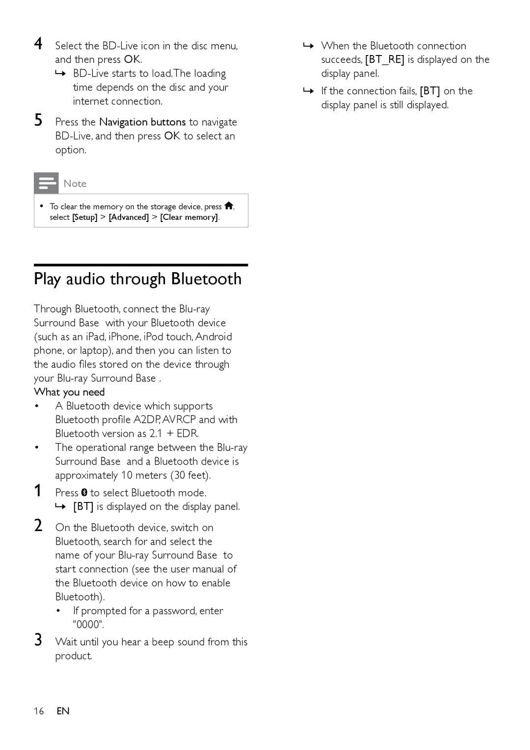 Philips HTB3525B user manual Play audio through Bluetooth, Select the BD-Live icon in the disc menu, and then press OK 